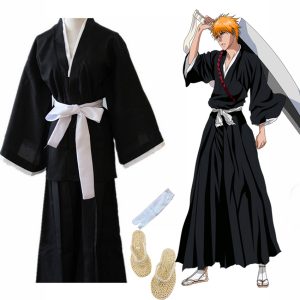 Oriental Japanese Traditional Kimono Samurai Bleach Kurosaki Ichigo Cosplay Costumes Robe Gown With Straw Sandals Naruto Luffy