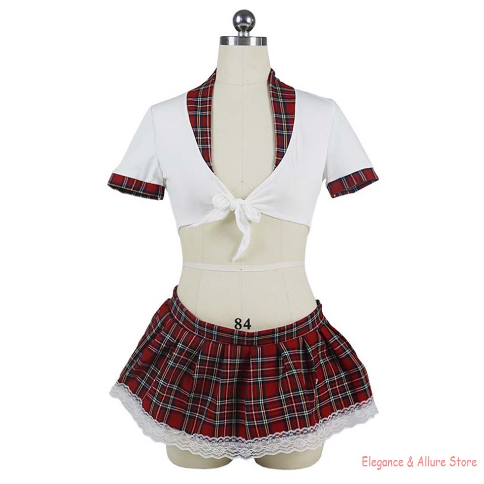 Eampa Womens Erotic Cosplay Lingerie Set Sexy Schoolgirl Uniform Plaid Roleplay Miniskirt Babydoll Costume - 8