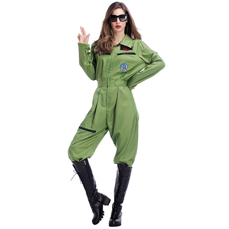 Womens Adult Air Force Pilot Costume Aviator Jumpsuit Army Airman Cosplay Green Flight Suit For Halloween - 4