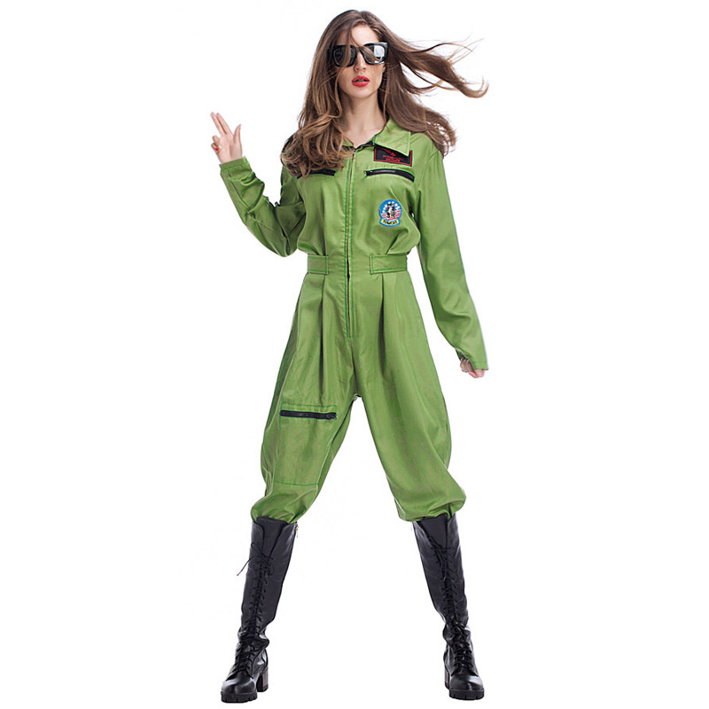 Womens Adult Air Force Pilot Costume Aviator Jumpsuit Army Airman Cosplay Green Flight Suit For Halloween - 3