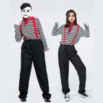 Adult Men Halloween Joker French Mimic Clown Couples Costume Mimes Artist Cosplay Clothing Striped Top Pants Ladies