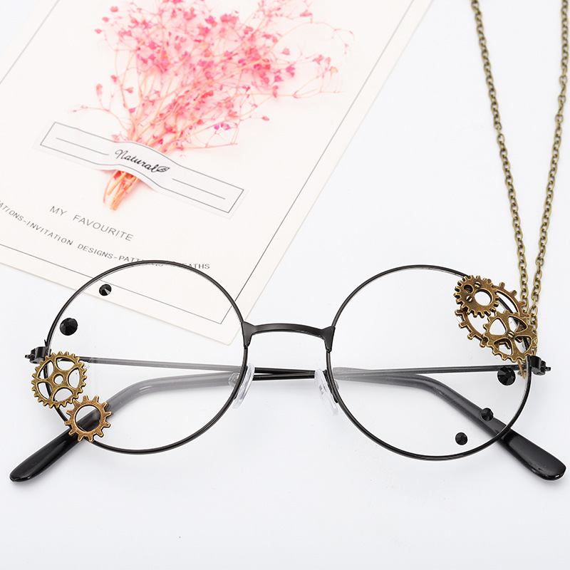 Oulylan Round Glasses Frames Women Vintage Metal Eyeglasses Ladies Cosplay Lolita Gears Chain Decoration Spectacle Frame - 4