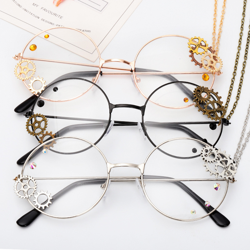 Oulylan Round Glasses Frames Women Vintage Metal Eyeglasses Ladies Cosplay Lolita Gears Chain Decoration Spectacle Frame - 3