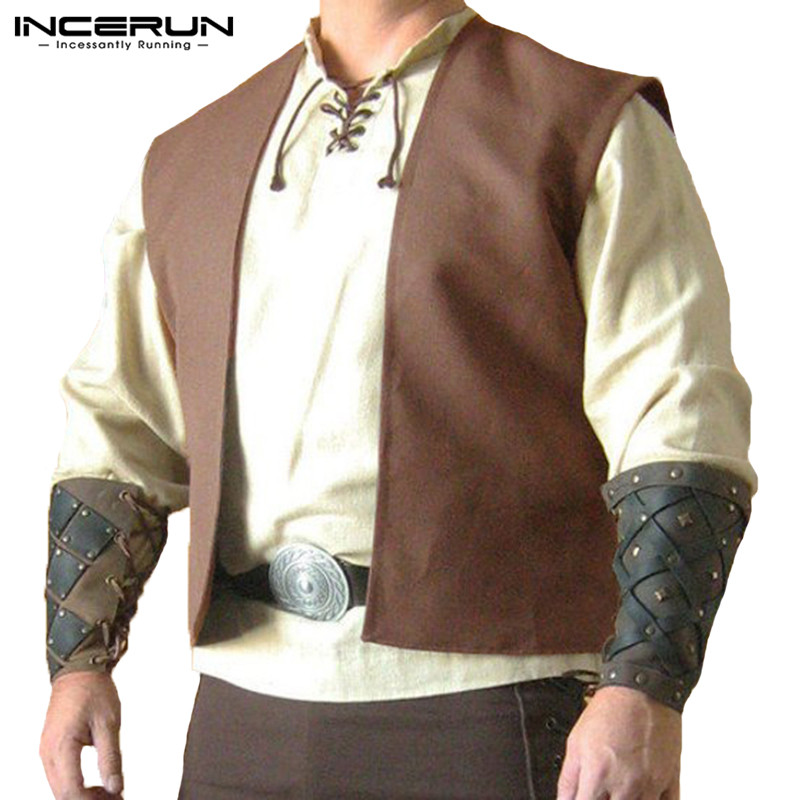 Mens Incerun Medieval Viking Sleeveless Jacket Warrior Cosplay Vest Stage Costume Short Peasant Merchant Coat - 4