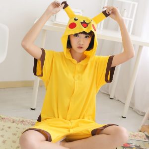 Anime Pajamas Pikachu Menwomen Adult Kids Short Sleeve Cotton Cartoon Unisex Cosplay Kigurumi Costume