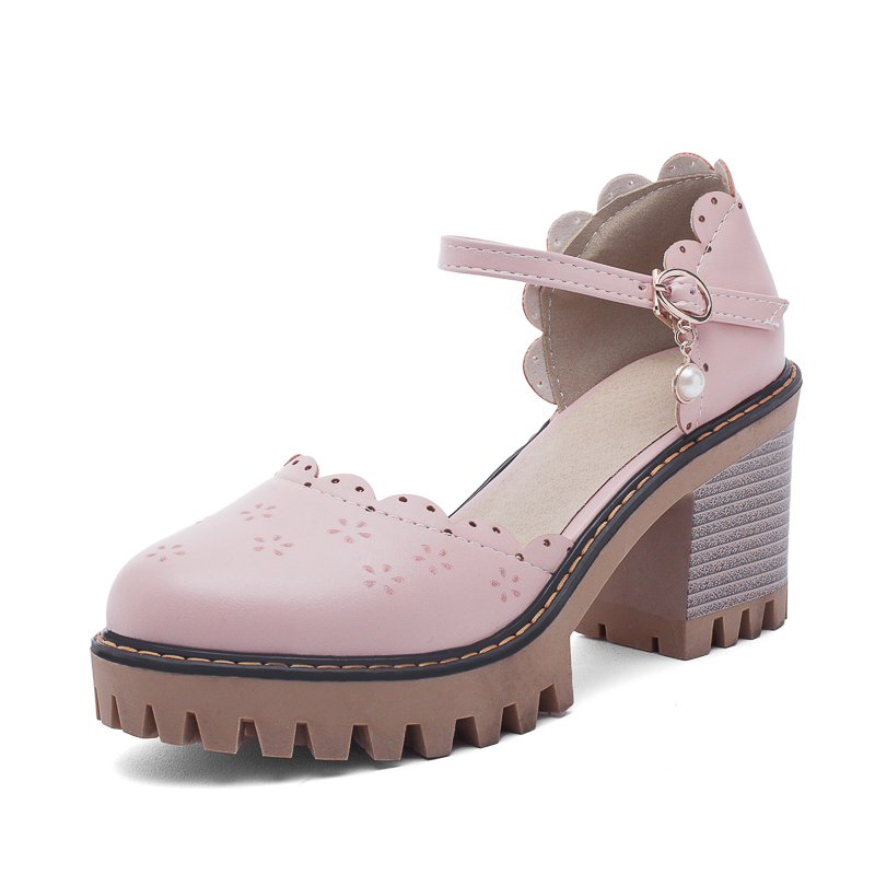 Korean Harajuku Style Round Head Japanese Mori Girl Vintage Cutout Heavy-bottomed Coarse Heel Large Size 33-43 Lolita Shoes - 5