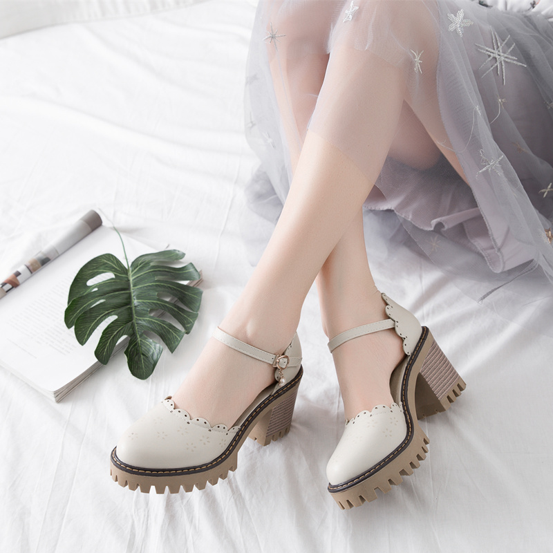 Korean Harajuku Style Round Head Japanese Mori Girl Vintage Cutout Heavy-bottomed Coarse Heel Large Size 33-43 Lolita Shoes - 4