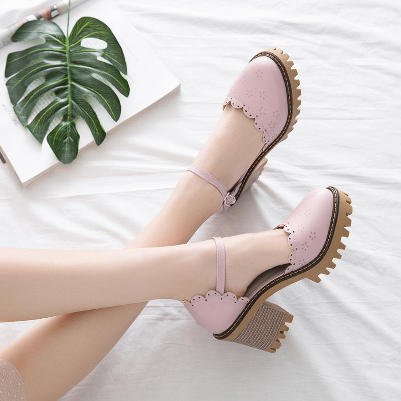 Korean Harajuku Style Round Head Japanese Mori Girl Vintage Cutout Heavy-bottomed Coarse Heel Large Size 33-43 Lolita Shoes - 3