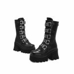 Winter Sexy Buckle Women Mid Calf Boots Leather Block Heel Gothic Black Punk Style Platform Shoes Female Footwear Size 35-44 - 6