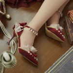 Fashion Luxury Lolita Shoes Red Flower Wedding Pointed Thin Heel Bride High Lo Sweet Japanese Women Anime Kawaii Shoe - 3