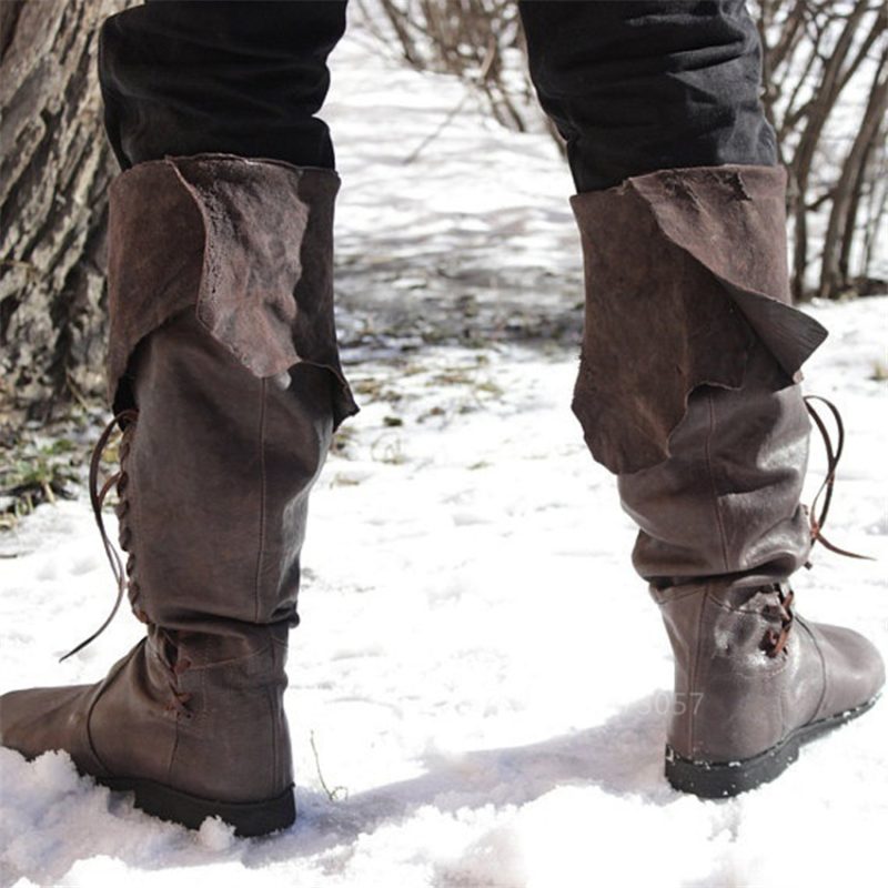 Retro Men’s Pirate Boots Medieval Costume High Viking Cosplay Tall Knee Lace Vintage Shoes