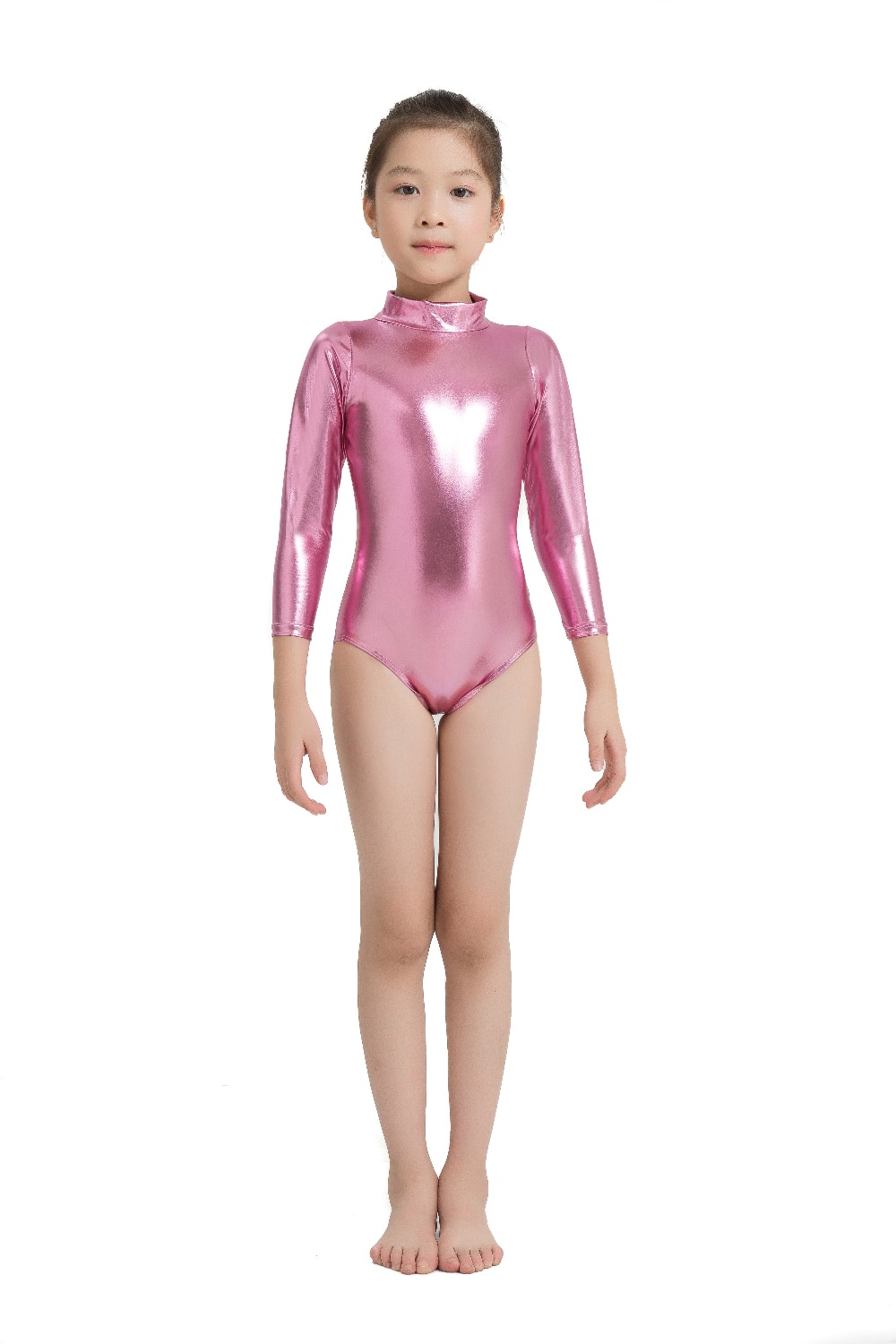 Kids Shiny Metallic Gymnastics Leotard Long Sleeve Turtleneck Ballet Dance Costume With Zip Speerise Tank - 8