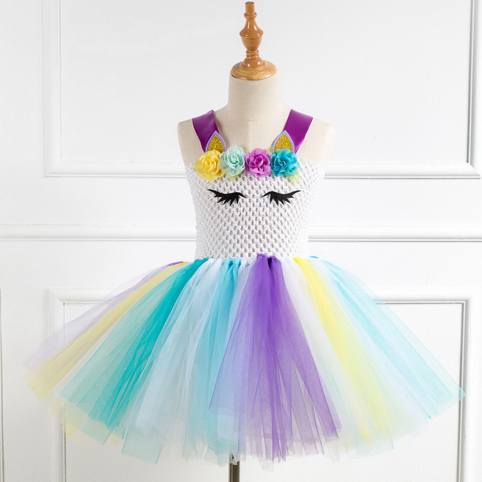 Girls Rainbow Unicorn Tutu Dress With Hair Band Kids Princess Birthday Party Performance Costume - 20