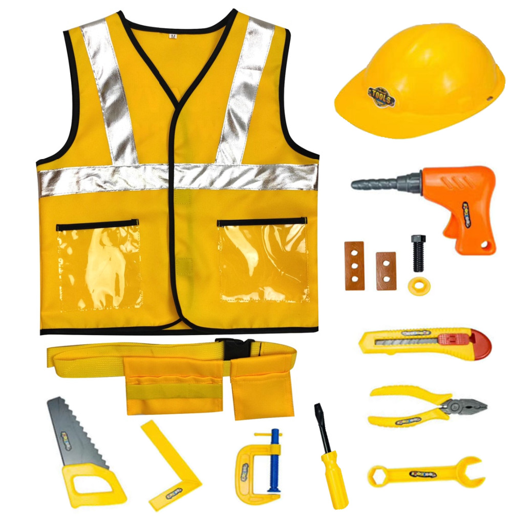 Kids Construction Worker Role Play Costume Set 39 Years Funny Heavy Equipment Cosplay Kit Career Dressup Toy - 2