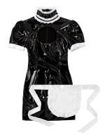 Womens Ladies French Body Latex Maid Dress Cosplay Costume Wetlook Clubwear Puff Sleeves Breast Bodycon Mini With Apron - 4