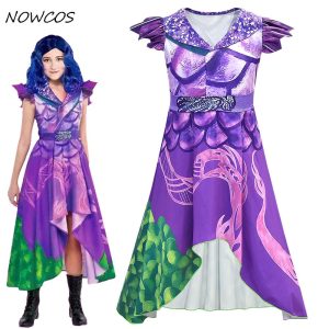 Child Girls Descendants 3 Cosplay Purple Dress Costume 3d Printed Kids Halloween Masquerade Short Sleeved