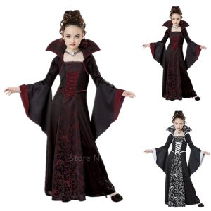 Halloween Costumes Kids Girls Medieval Cosplay Vintage Court Princess Witch Middle Ages Carnival Party Long Sleeve Dress