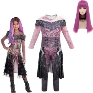 Descendants 2 Mal Bertha Maleficent Long Live Evil Straight Purple Kids Adult Cosplay Wig Jumpsuits Halloween Costume