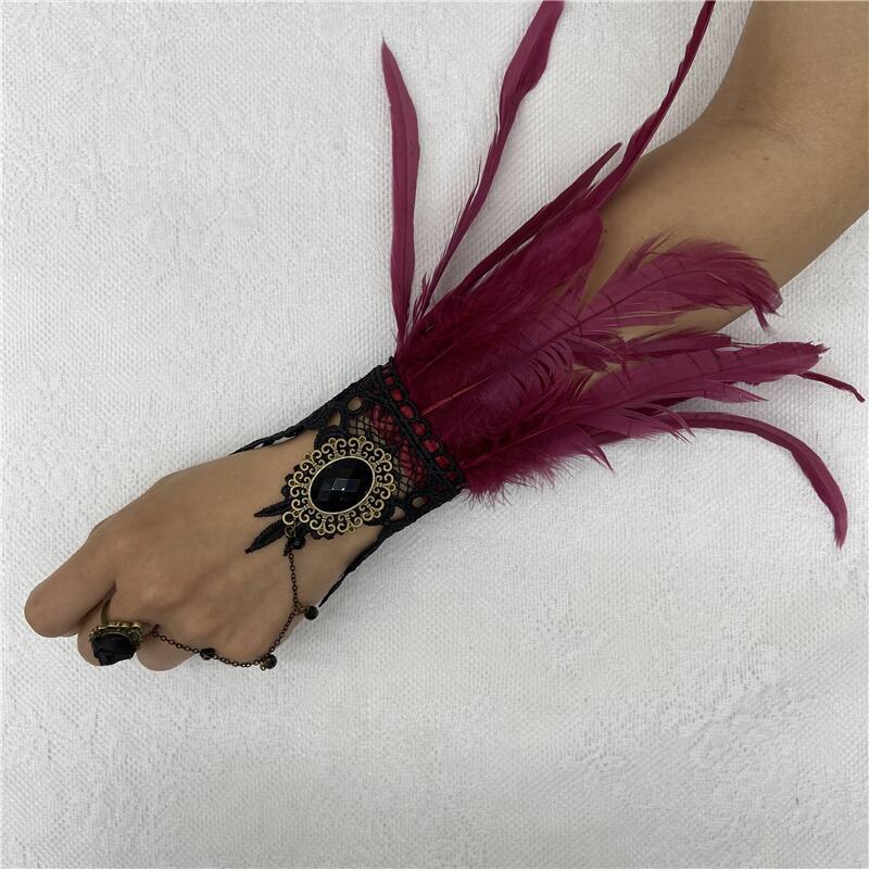 2pcs Gothic Feather Lace Fishnet Fingerless Gloves Y2k Halloween Steampunk Bracelet - 12