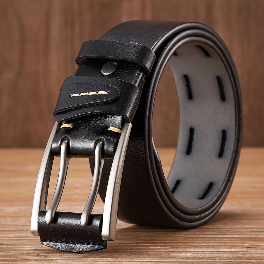 Mens Genuine Leather Belt Vintage Double Pin Buckle Cowboy Jean Strap - 4