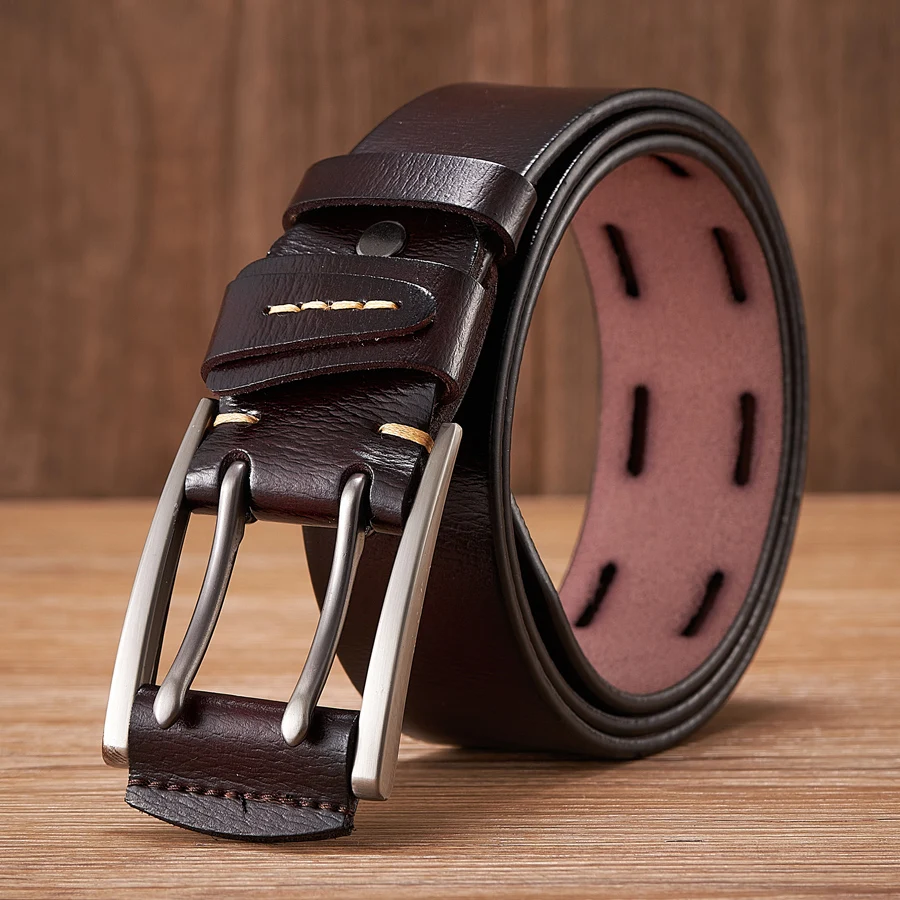 Mens Genuine Leather Belt Vintage Double Pin Buckle Cowboy Jean Strap - 3