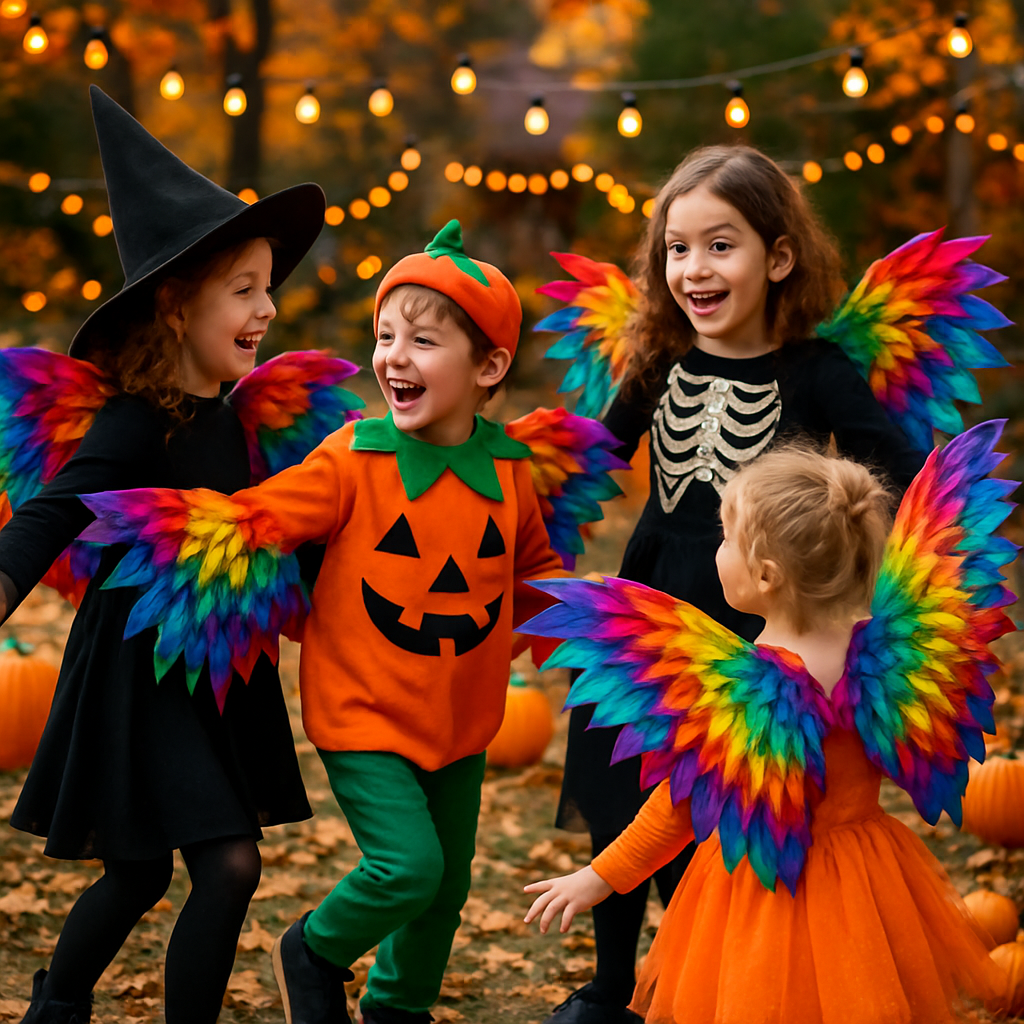 Transforming Halloween Costumes with Multicolor Feather Wings for Kids  